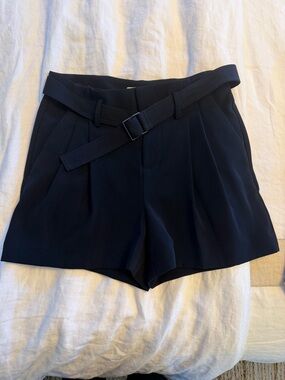 Vince Navy Blue Pleated High-Rise Belted Shorts
